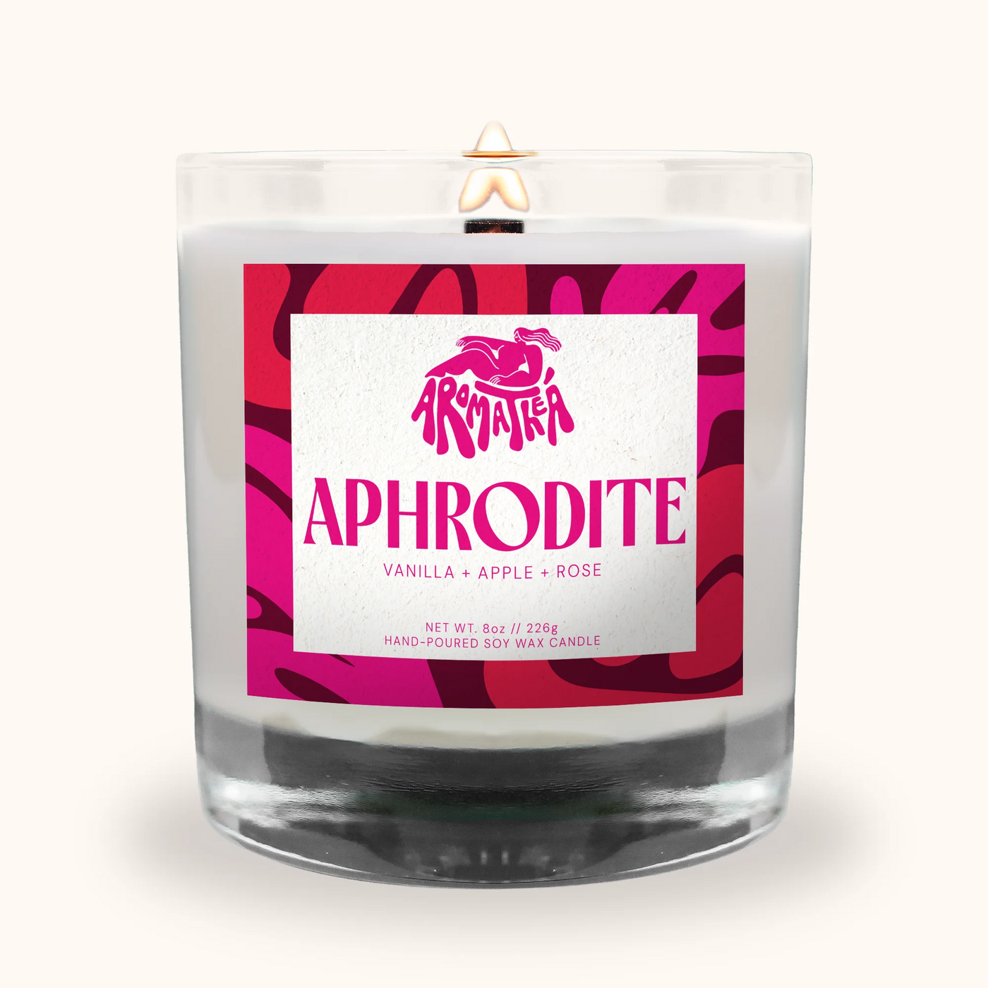 Candle with a 'Aphrodite' label on a white background