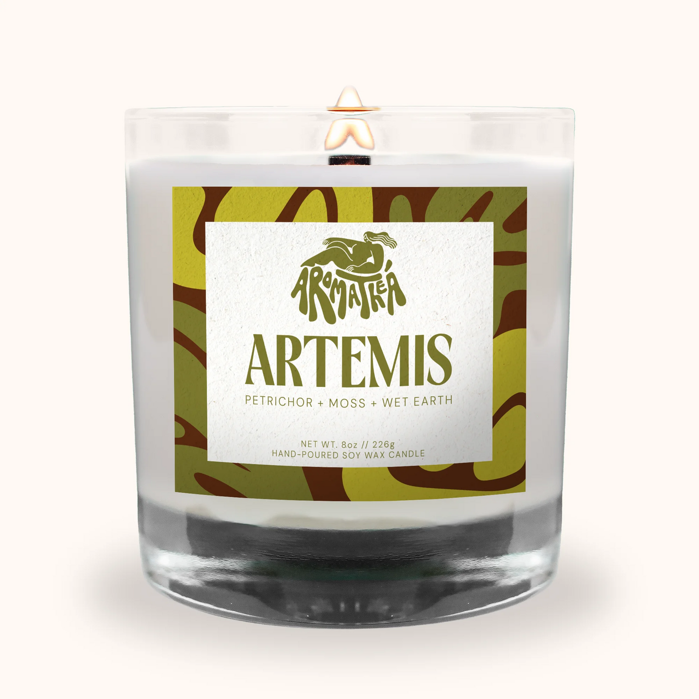 Candle with 'Artemis' label on a white background