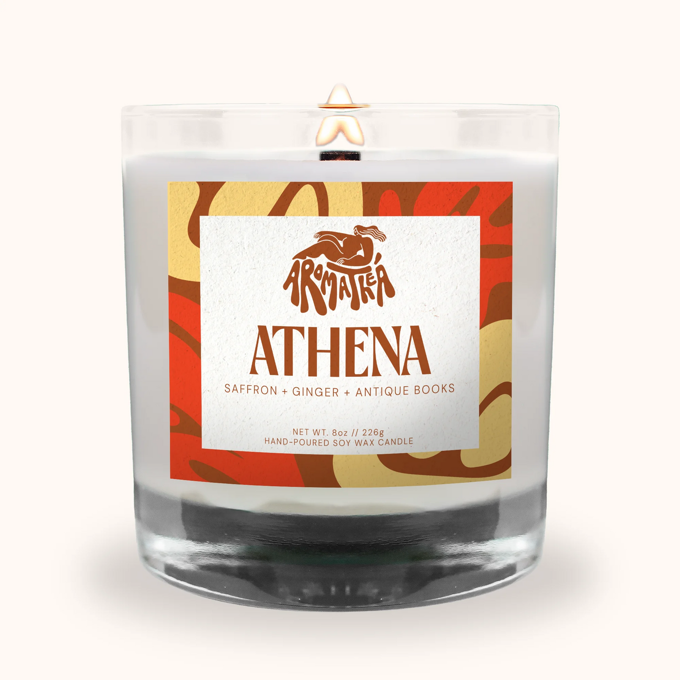 Athena candle with a decorative label on a white background