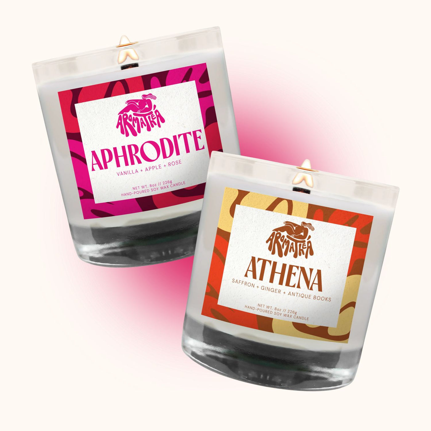 Two candles with labels 'Aphrodite' and 'Athena' on a white background