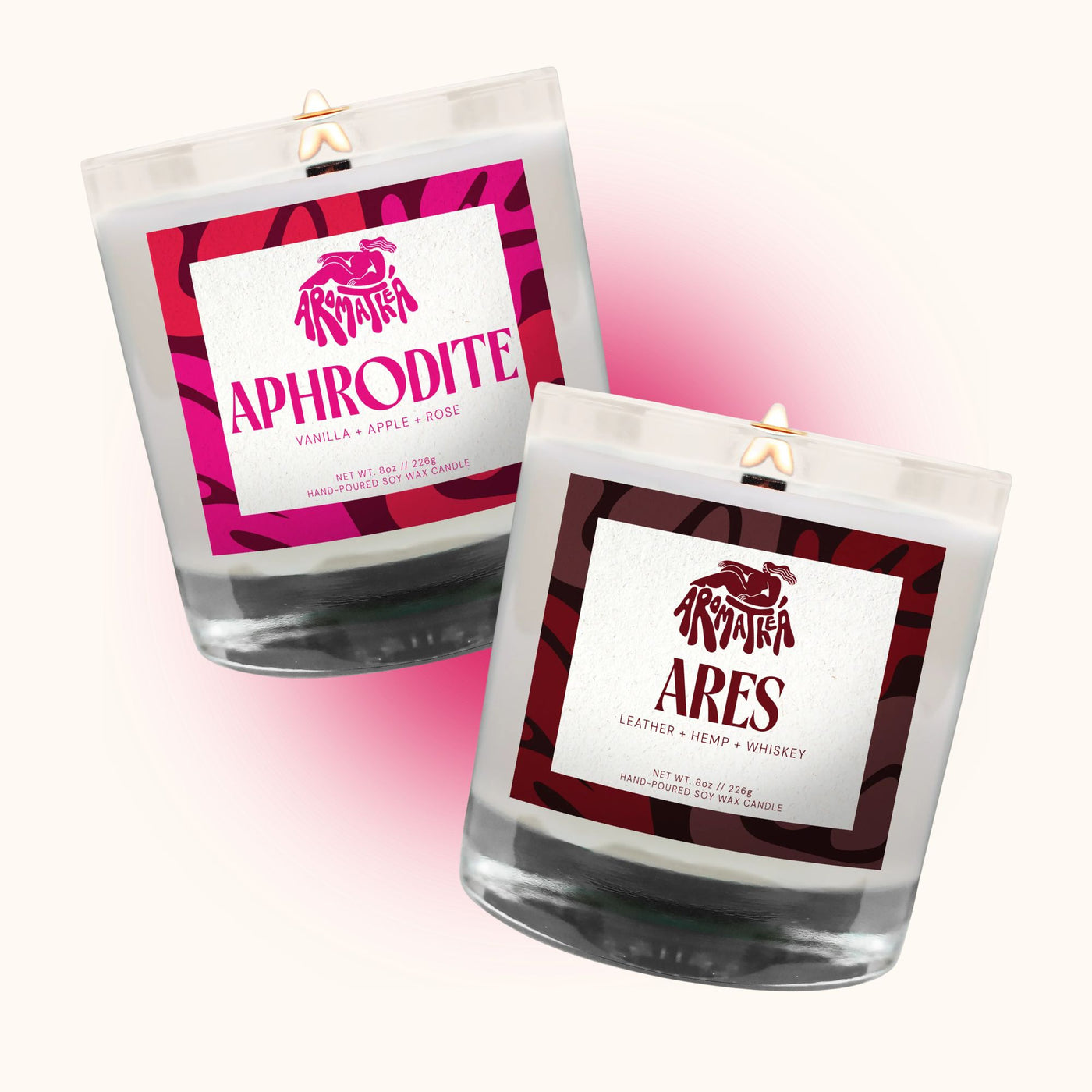 Two candles labeled 'Aphrodite' and 'Ares' on a white background