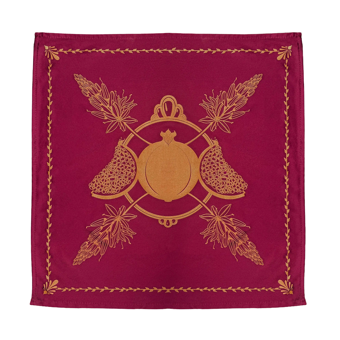 Maroon fabric with gold embroidery featuring a pomegranate design and floral elements on a white background