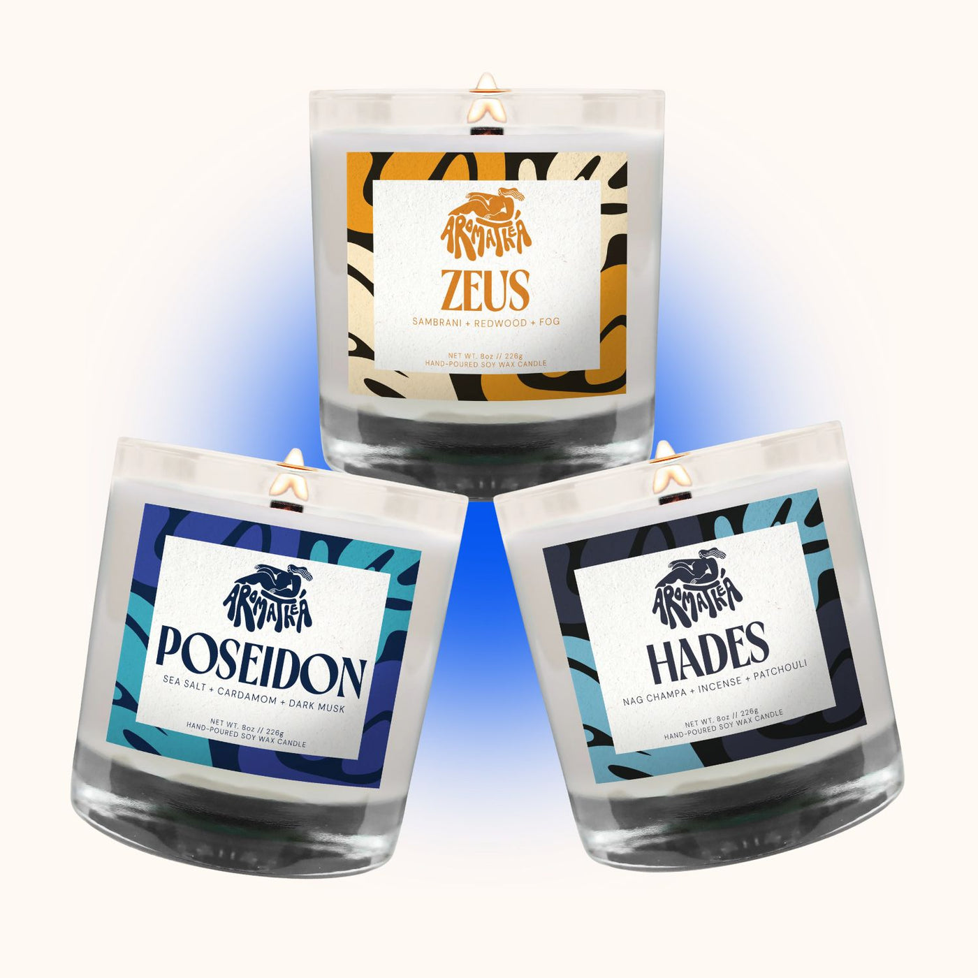 Three candles labeled 'Zeus', 'Poseidon', and 'Hades' on a gradient background.